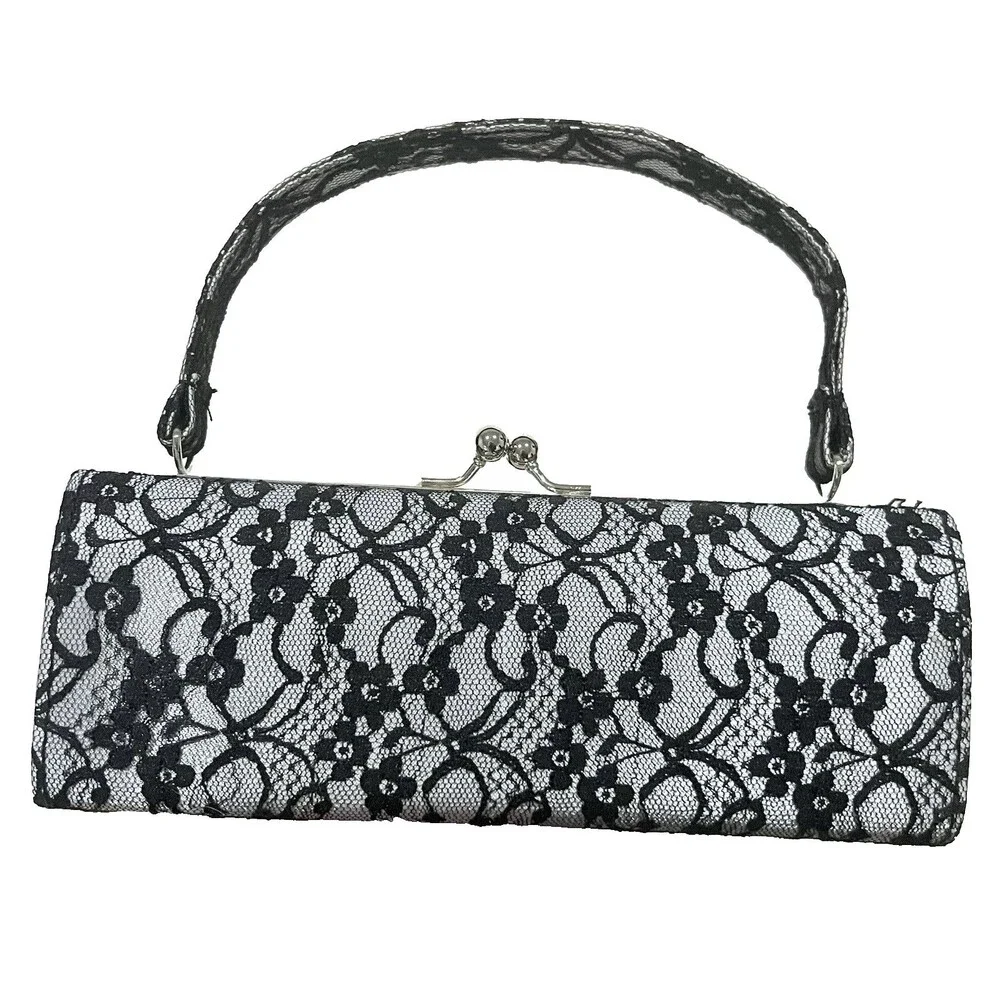 Elegant Vintage-style Black Lace Silver Clutch Purse Handbag 8.5 In Wedding Prom